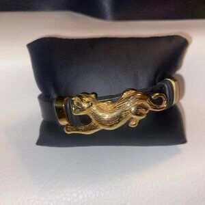 Black Leather & 18k Gold Plated Tiger Bracelet